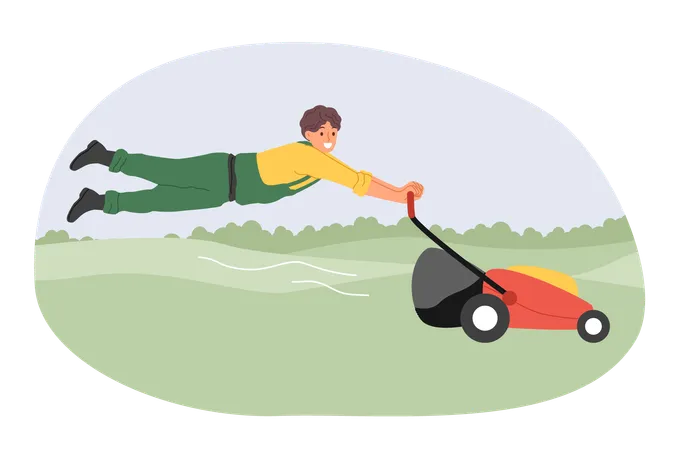 Man Gardener Uses Powerful Lawn Mower To Maintain Grass Of Public Park Or Golf Course Young Guy In Work Uniform Flies Holding Handle Of Gasoline Lawn Mower And Looks At Screen Smiling Illustration