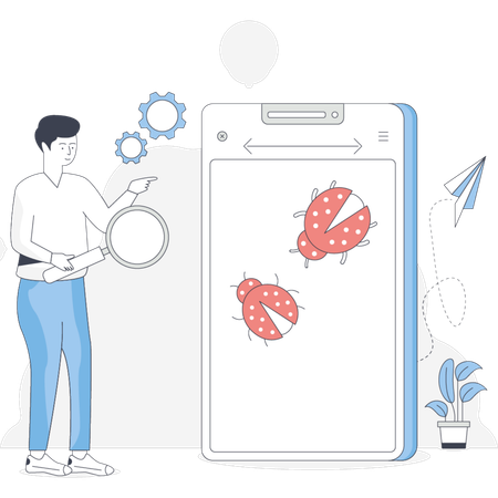 Man gazes at his phone which is adorned with several ladybugs crawling on its surface  Illustration
