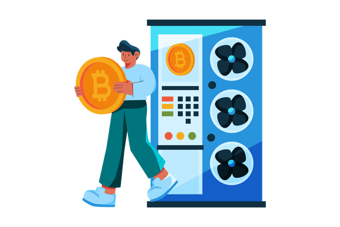 Man generating reward from bitcoin mining server Illustration