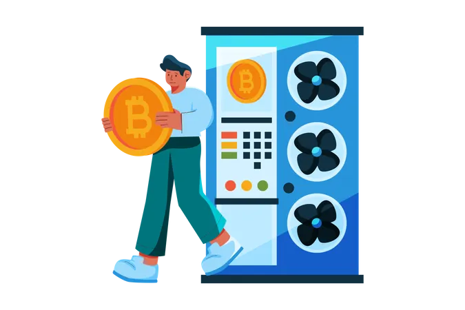 Man generating reward from bitcoin mining server Illustration