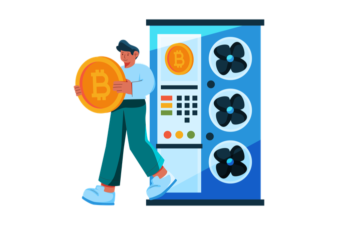 Man generating reward from bitcoin mining server  Illustration