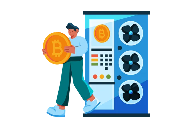 Man generating reward from bitcoin mining server  Illustration