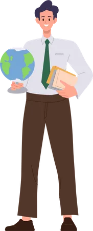 Man geography teacher character holding earth globe and books standing  Illustration