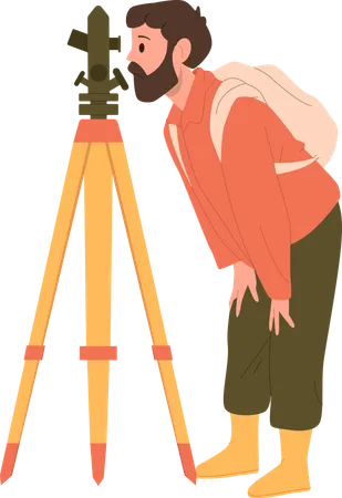 Man geologist character taking measures with theodolite  Illustration