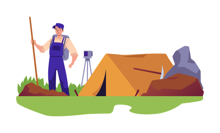 Man geologist with shovel stands near tent and measuring instrument  Illustration