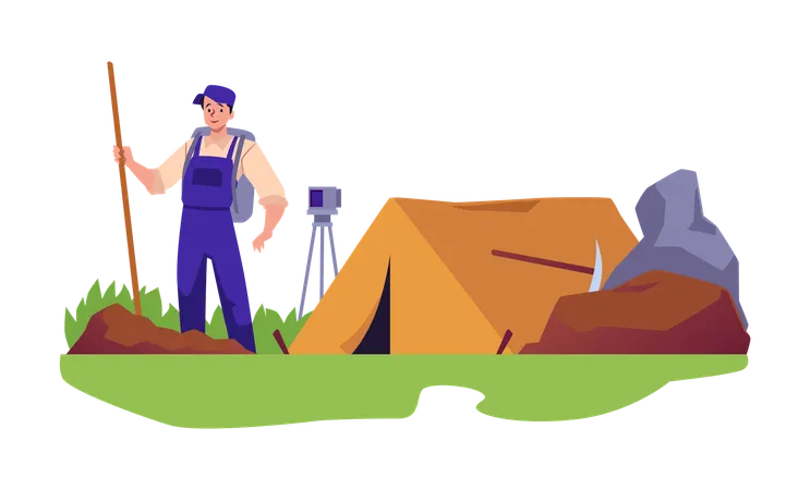 Man geologist with shovel stands near tent and measuring instrument  Illustration