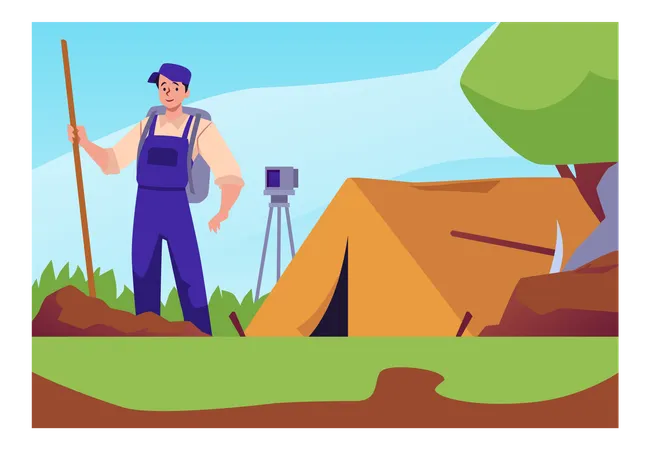 Man geologist with shovel stands near tent and measuring instrument  Illustration