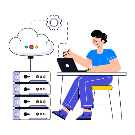 Homem gerenciando servidor em nuvem  Ilustração