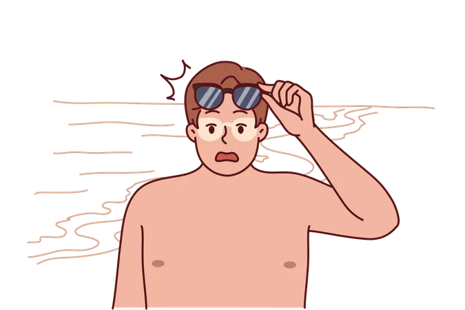 Tanned Man Takes Off Sunglasses And Screams After Getting Sunburn Relaxing On Beach Funny Guy Tanned During Trip To Resort And Needs Cream To Protect Against Sun Rays And Ultraviolet Radiation Illustration