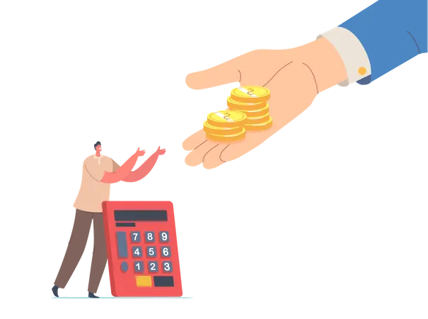 Tiny Man With Calculator Stretching Hands To Huge Palm Giving Gold Coins Male Character Get Tax Finance Help Money Cash Saving Financial Profit Or Salary Wealth Cartoon Vector People Illustration Illustration