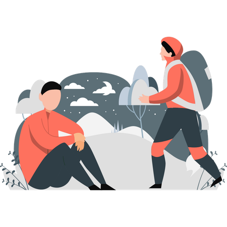 Man get tired from hiking and girl moves on  Illustration