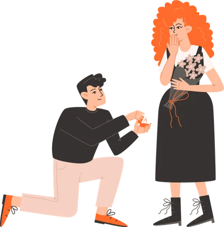 A Man Gets Down On One Knee And Proposes To A Woman Illustration