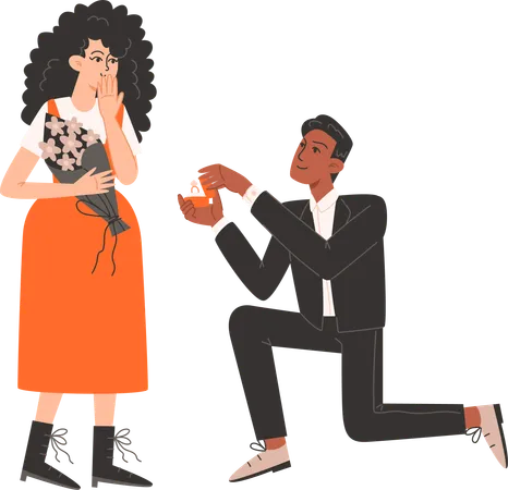 Man gets down on knee and proposes to woman  Illustration