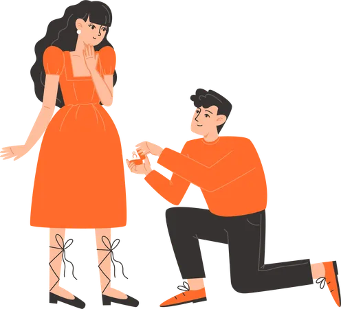 A Man Gets Down On One Knee And Proposes To A Woman Illustration