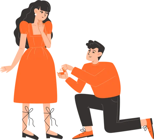 Man gets down on knee and proposes to woman  Illustration