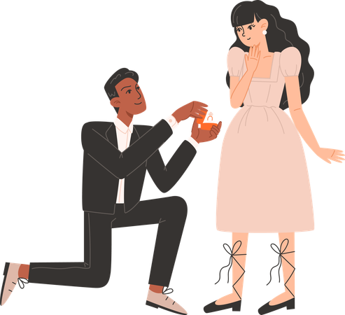 Man gets down on knee and proposes to woman  Illustration