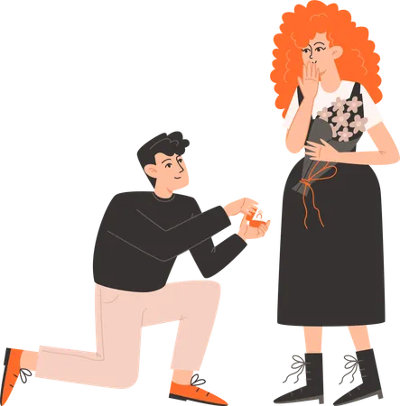 Man gets down on knee and proposes to woman  Illustration