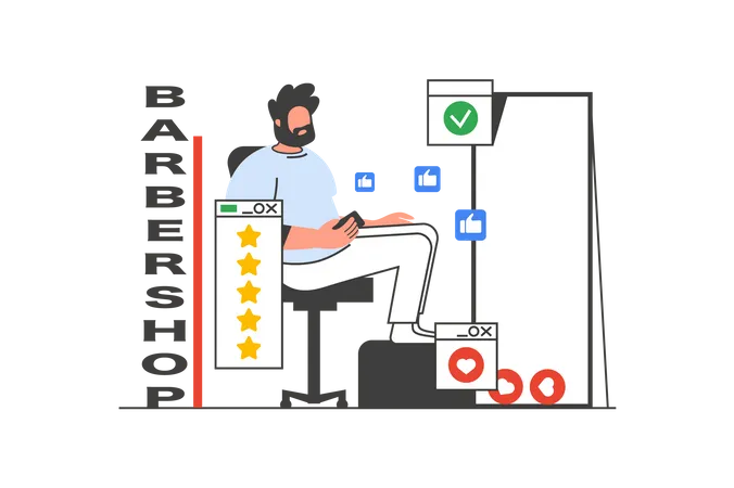 Barbershop Outline Web Concept With Character Scene Man Gets Haircut Styling Beard Grooming At Salon People Situation In Flat Line Design Vector Illustration For Social Media Marketing Material Illustration
