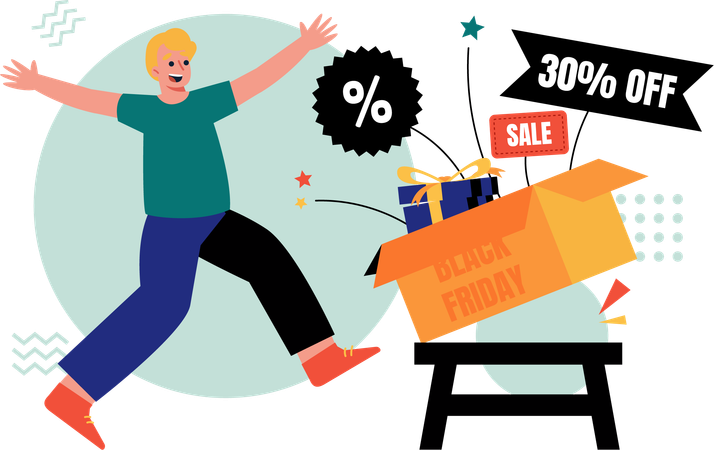 Man getting 30 percentage shopping discount  Illustration