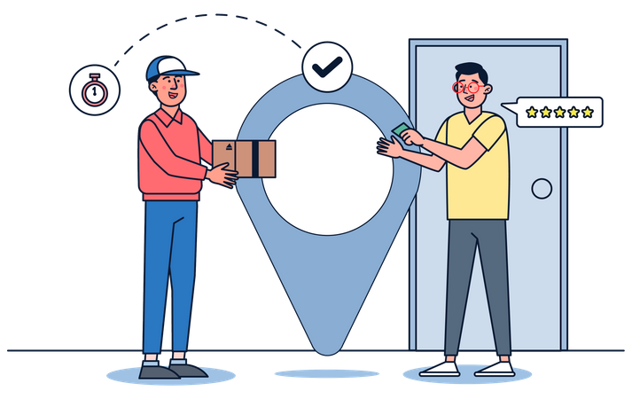 Man getting delivery and giving delivery ratings  Illustration