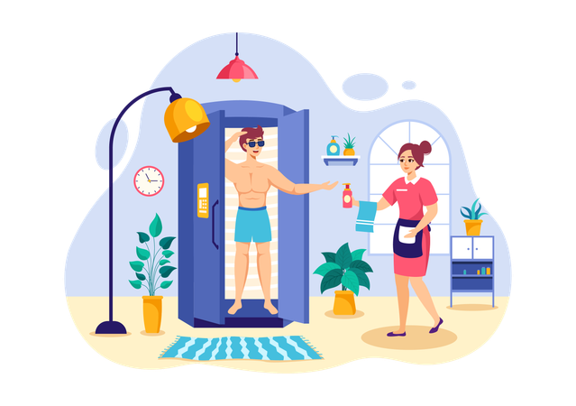 Man Getting Exotic Skin with Modern Technology at Tanning Salon  Illustration