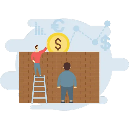 There Are Two Boys One Standing On Ladder And The Other One Standing IN Front Of Dollar Wall Illustration