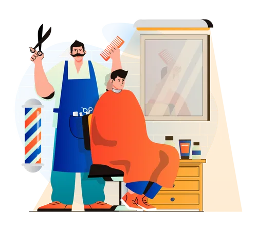Barbershop Concept In Modern Flat Design Professional Hairdresser Or Hairstylist Makes Fashionable Haircut And Hairstyle For Client Man Receiving Hair Care At Male Salon Vector Illustration Illustration