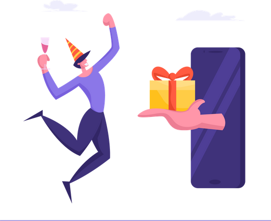 Man getting online birthday gift Illustration