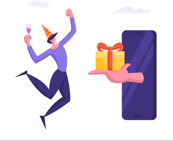 Man getting online birthday gift Illustration