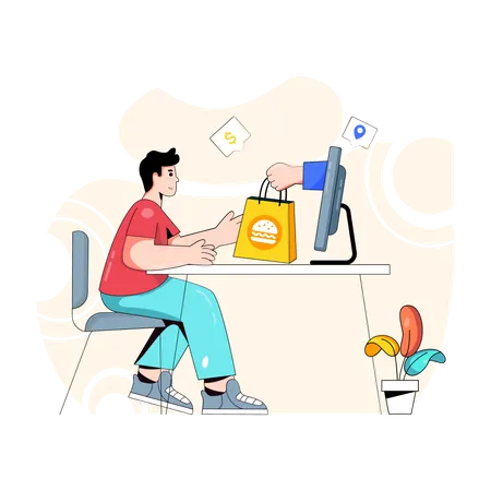 Man getting online food delivered through laptop  Illustration