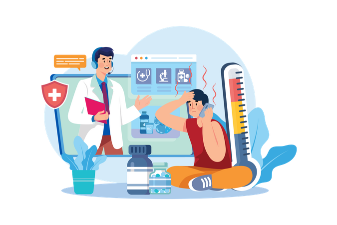 Man getting online health support  Illustration