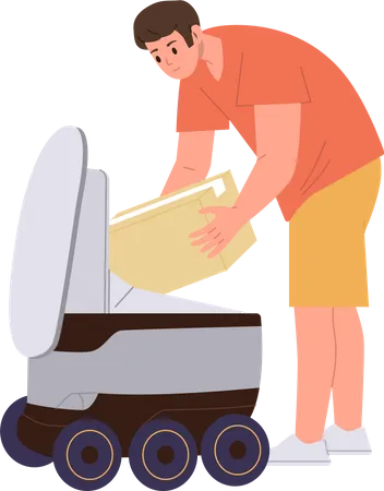 Man getting parcel package from automated delivery wheeled machine  Illustration