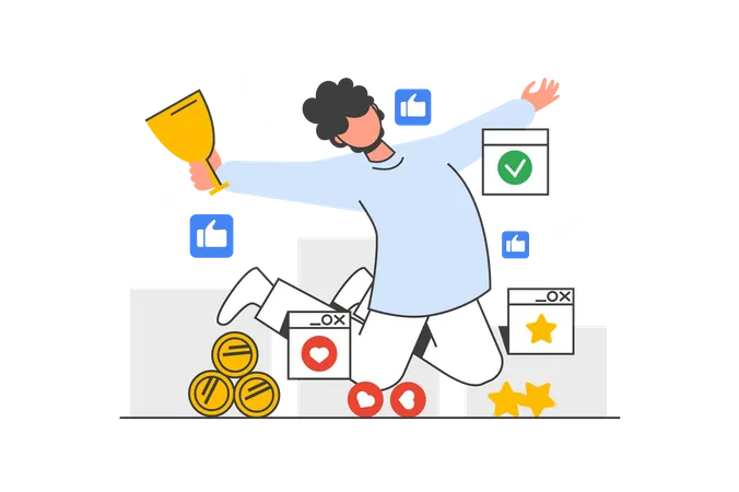 Business Award Outline Web Concept With Character Scene Man Getting Success And Winning Golden Cup People Situation In Flat Line Design Vector Illustration For Social Media Marketing Material Illustration
