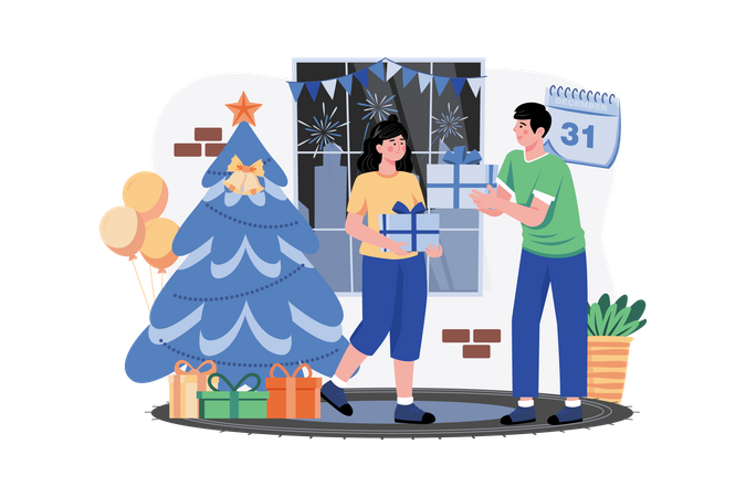 Man Gifting Christmas Gift To Woman  Illustration