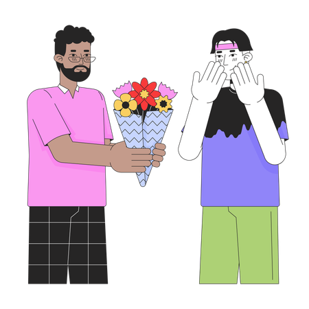 Man gifting flower bouquet to male lover male  Illustration