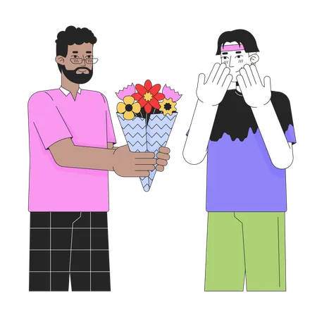 Man Gifting Flower Bouquet To Male Lover Male Line Cartoon Flat Illustration Interracial Couple Gay 2 D Lineart Characters Isolated On White Background Valentines Present Scene Vector Color Image Illustration