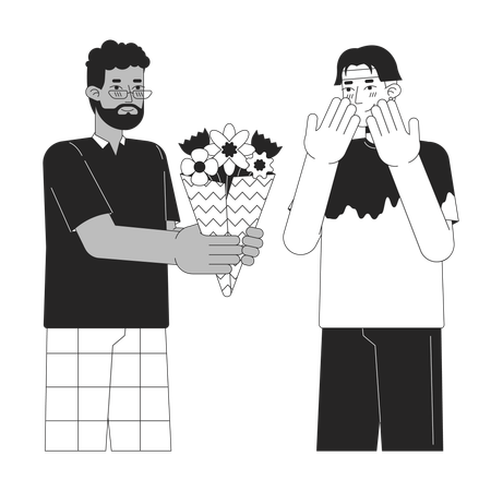 Man gifting flower bouquet to male lover male  Illustration