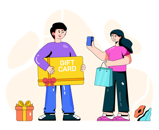 Man gifting gift card to female customer Illustration