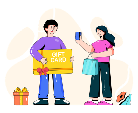 Man gifting gift card to female customer  Illustration