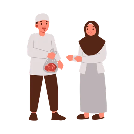 Illustration Of A Man And A Woman Exchanging Meat In A Traditional Gesture Of Eid Celebration Illustration