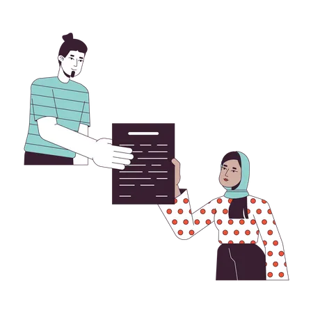 Young Man Give Document To Woman In Hijab Flat Line Concept Vector Spot Illustration Exchange Information 2 D Cartoon Outline Characters On White For Web UI Design Editable Isolated Color Hero Image Illustration