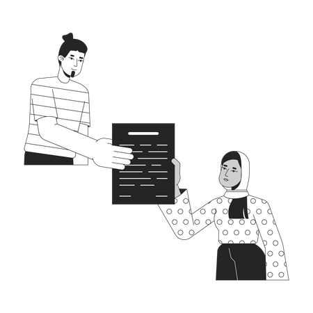 Man give document to woman  Illustration
