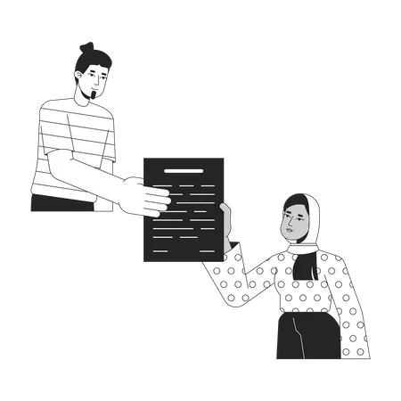 Man Gives Document To Woman In Hijab Bw Concept Vector Spot Illustration Exchange Information 2 D Cartoon Flat Line Monochromatic Character For Web UI Design Editable Isolated Outline Hero Image Illustration