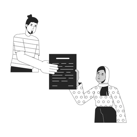 Man give document to woman  Illustration