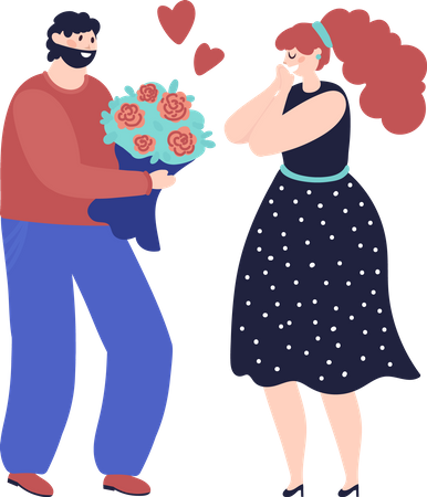 Man give flower bouquet to woman Illustration