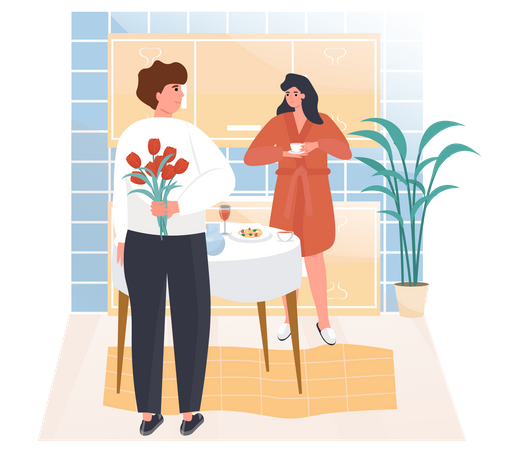 Man Give Flowers to Woman Illustration