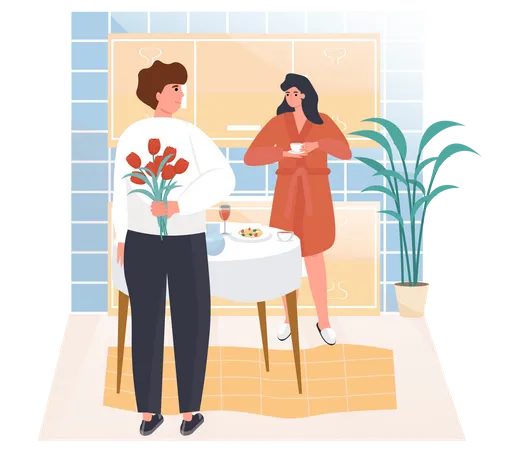 Man Give Flowers to Woman Illustration