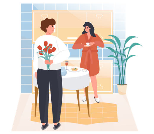 Man Give Flowers to Woman  Illustration