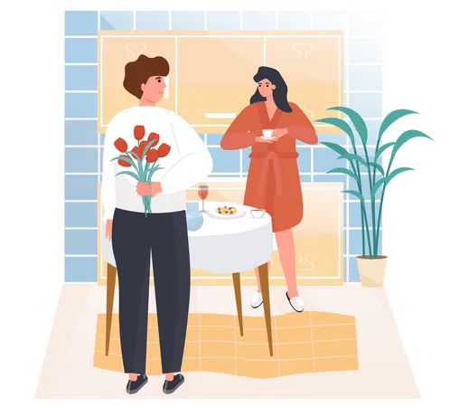 Man Give Flowers to Woman  Illustration