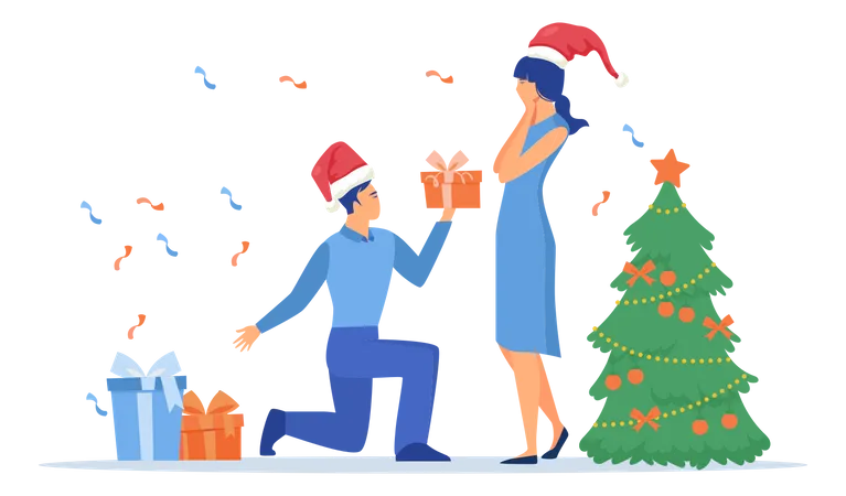 Man gives a woman a gift for Christmas  Illustration